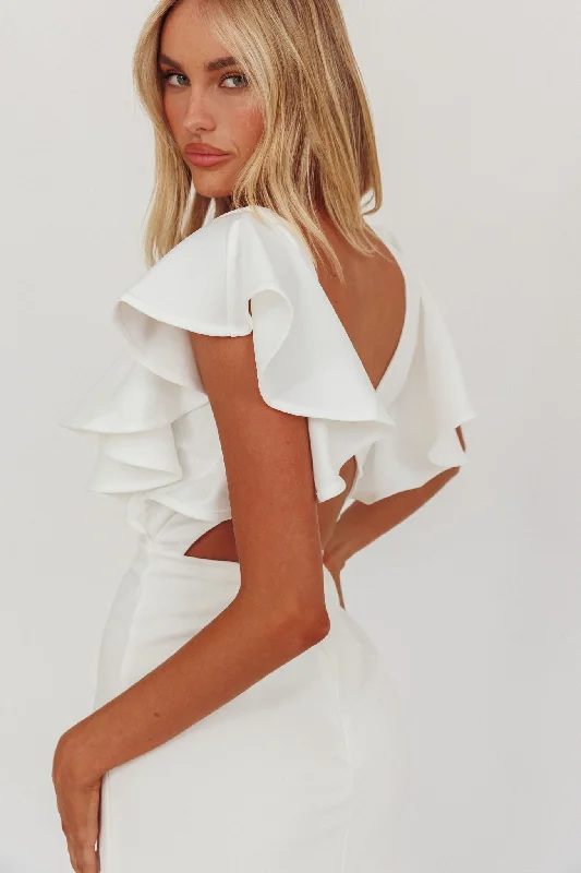 Cotton mini dresses for a comfortable everyday option Cupid's Bow V-Neckline Ruffle Shoulder Bodycon Dress White Cotton mini dresses for a comfortable everyday option Cupid's Bow V-Neckline Ruffle Shoulder Bodycon Dress White