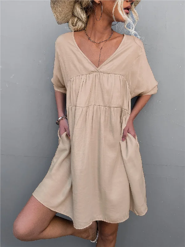 Mini dresses with pleated skirts for a classic look Goodness Cotton Pocketed Babydoll Dress - Khaki