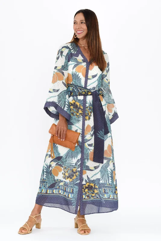 Midi dresses with ruched sleeves for a more fitted and stylish arm look Kimona Blue Tropical Cotton Silk Dress Midi dresses with ruched sleeves for a more fitted and stylish arm look Kimona Blue Tropical Cotton Silk Dress