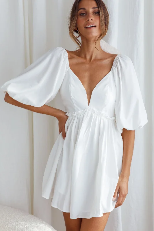 Mini dresses with abstract prints for an artistic look Always Dreaming Puff Sleeve Structured V-Neckline Mini Dress White