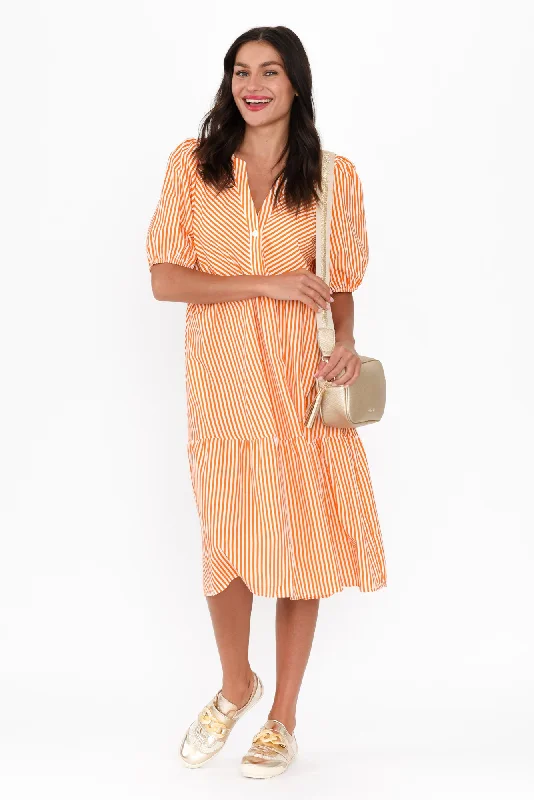 Midi dresses with pleated skirts for a timeless and elegant appeal Zariah Orange Stripe Cotton Tier Dress