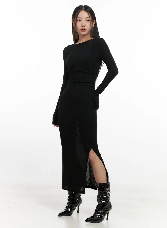 Midi dresses with ruffled bodices for a more pronounced feminine look Elegant Round Neck Long Sleeve Maxi Dress CN419 Midi dresses with ruffled bodices for a more pronounced feminine look Elegant Round Neck Long Sleeve Maxi Dress CN419