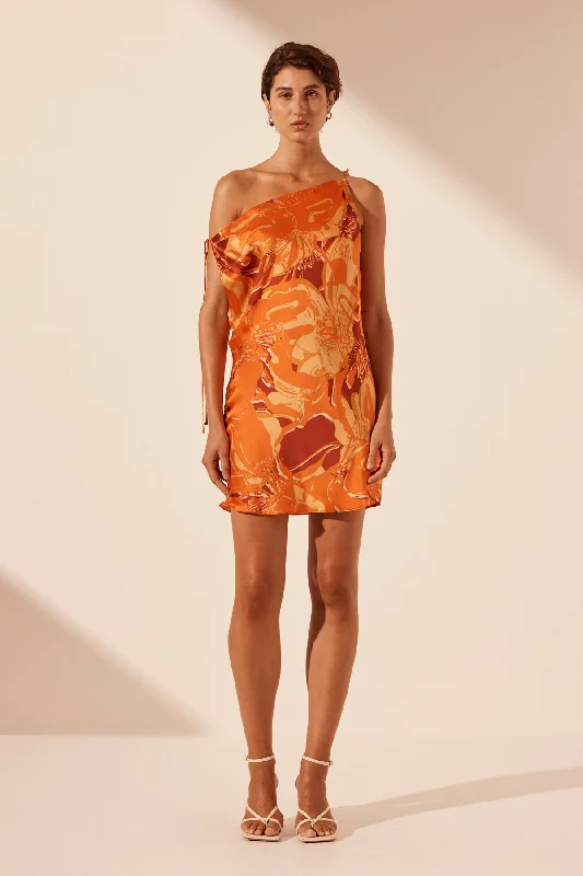 Sheer mini dresses with lace inserts CHARA SILK TIE MINI DRESS