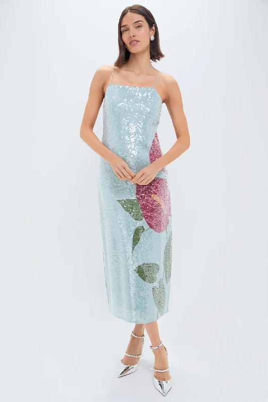 Midi dresses with tiered skirts for a bohemian festival look Anthurium Flowers Blue Slip Maxi Dress Midi dresses with tiered skirts for a bohemian festival look Anthurium Flowers Blue Slip Maxi Dress