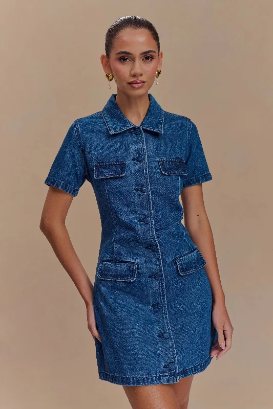 Mini dresses with criss - cross backs for a flirty look Leighton Denim Button Down Mini Dress - Dark Blue Mini dresses with criss - cross backs for a flirty look Leighton Denim Button Down Mini Dress - Dark Blue