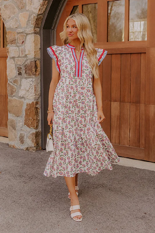 Midi dresses with gathered skirts for a full and flowing silhouette Picnic Ready Floral Midi Dress