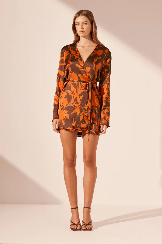 Mini dresses with tiered skirts for added volume FLORA SILK WRAP MINI DRESS