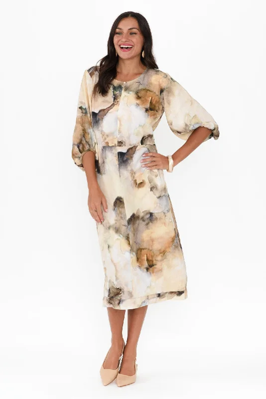 Midi dresses with cold - shoulder cutouts for a trendy style Mosmon Beige Marble Linen Dress Midi dresses with cold - shoulder cutouts for a trendy style Mosmon Beige Marble Linen Dress