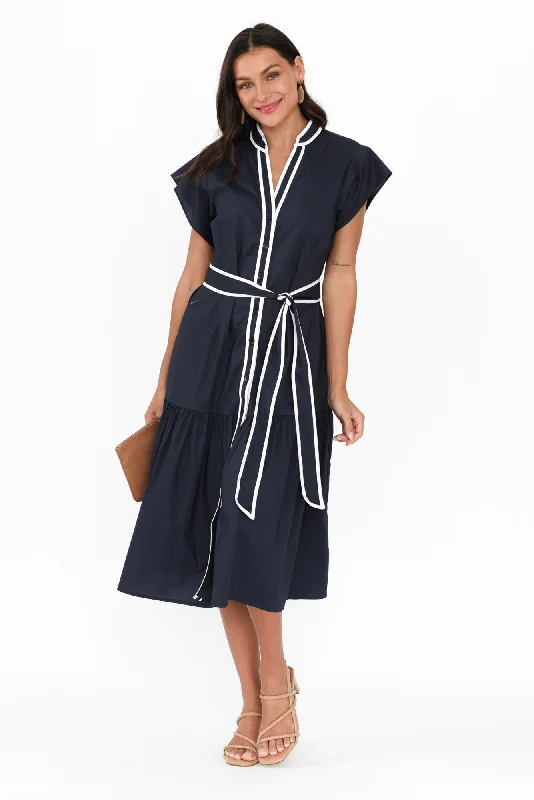 Midi dresses with satin - finish fabrics for a luxurious feel Mari Navy Contrast Cotton Tie Dress Midi dresses with satin - finish fabrics for a luxurious feel Mari Navy Contrast Cotton Tie Dress