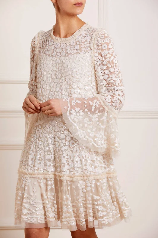 Sleeveless midi dresses with lace details for summer weddings Annie Sequin Tiered Mini Dress