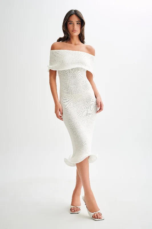 Midi dresses with ruched sleeves for a more fitted and stylish arm look Molly Off Shoulder Knit Midi Dress - Ivory