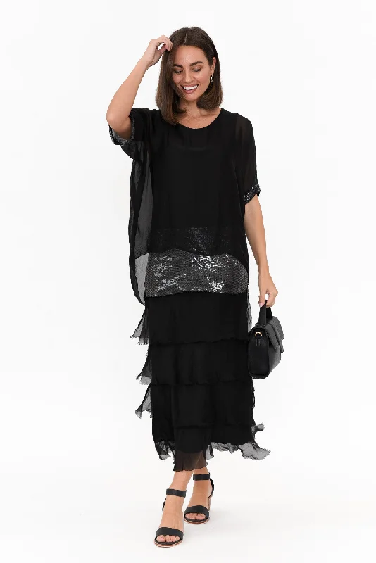Midi dresses with mesh inserts for a trendy and breathable option Katerina Black Sequin Silk Overlay Maxi Dress