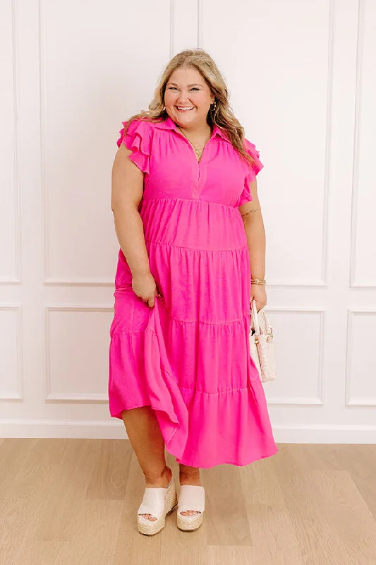 Wrap - style midi dresses in silk for a sophisticated office look Sunny Spritzer Tiered Midi Dress in Hot Pink Curves