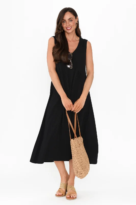 Midi dresses with belted waists to accentuate the figure Tarah Black Cotton Stretch V Neck Dress
