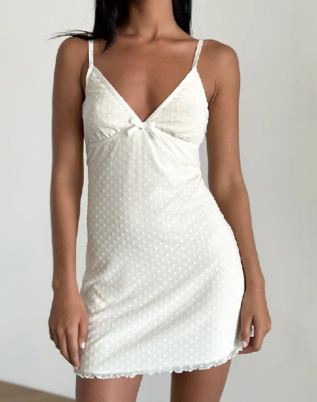 Mini dresses with bow accents for a sweet look Mevila Cami Mini Dress in Ivory Polka Flock Mini dresses with bow accents for a sweet look Mevila Cami Mini Dress in Ivory Polka Flock