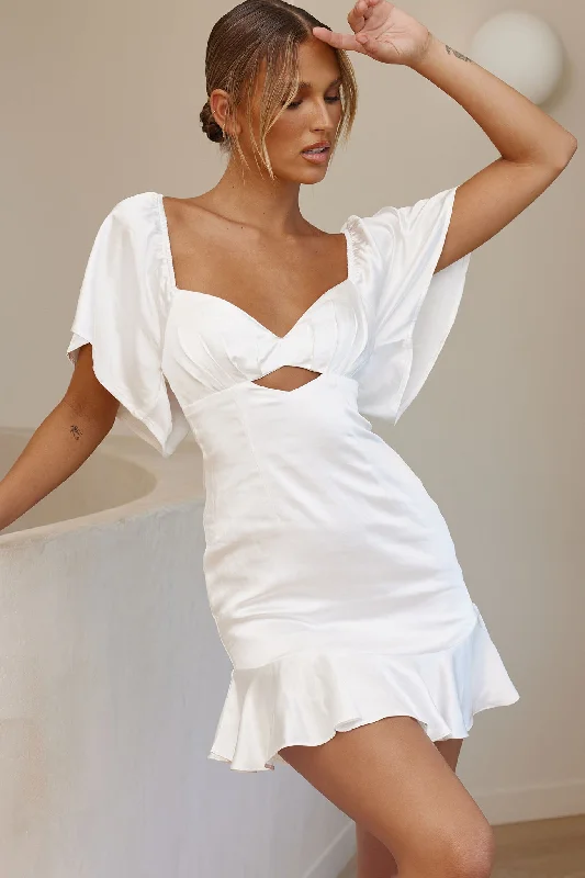 Mini dresses with side slits for a sexy appeal Eyes On You Pleated Bust Angel Sleeve Ruffle Hem Dress White Mini dresses with side slits for a sexy appeal Eyes On You Pleated Bust Angel Sleeve Ruffle Hem Dress White