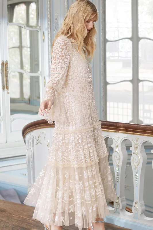 Midi dresses with keyhole backs for a flirty and unexpected detail Annie Sequin Tiered Ankle Gown