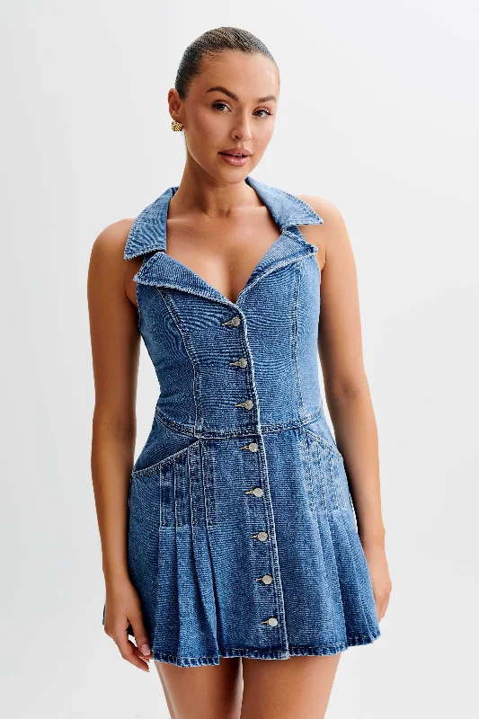Mini dresses with one - shoulder designs Porter Collared Denim Mini Dress - 70'S Blue