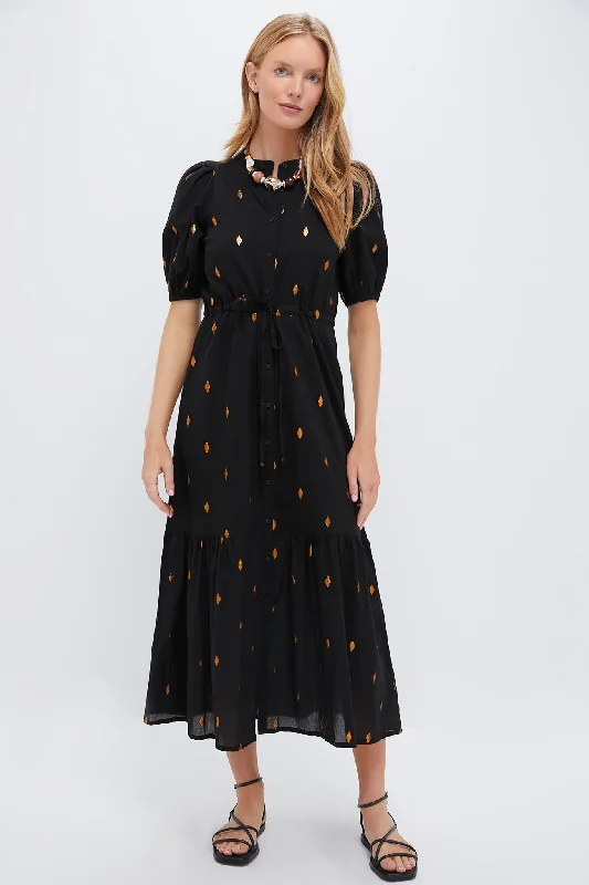 Midi dresses with ruffled sleeves for a more feminine and voluminous look Gold Leaf Lurex Black Lucy Dress