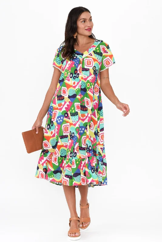 Midi dresses with pleated bodices for a classic and tailored look Katika Green Abstract Cotton V Neck Dress