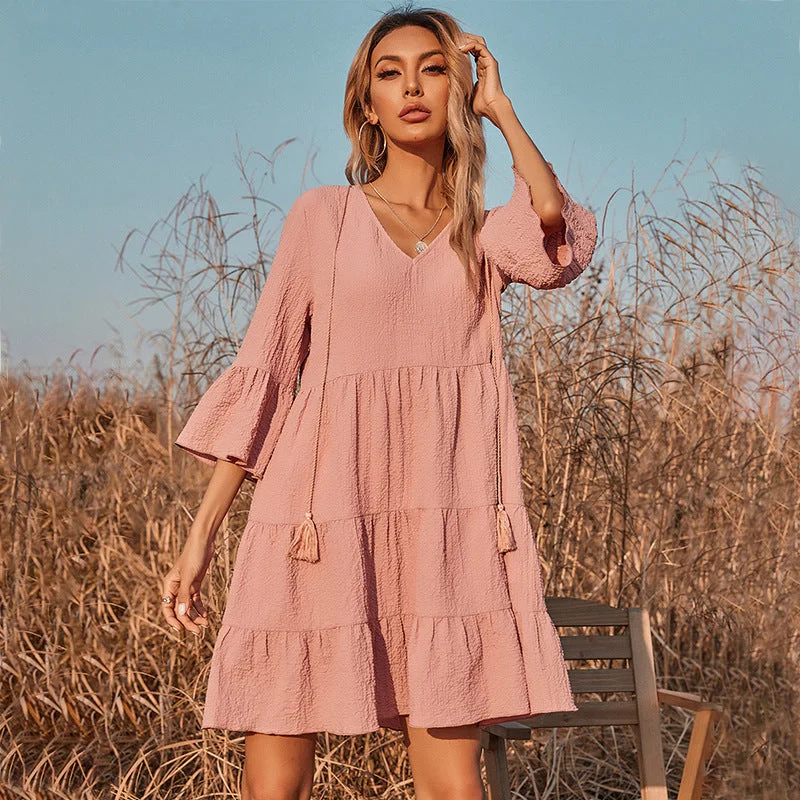 Mini dresses with high - low hems for a modern twist Good Karma Cotton Tiered Babydoll Tunic - Dusty Rose