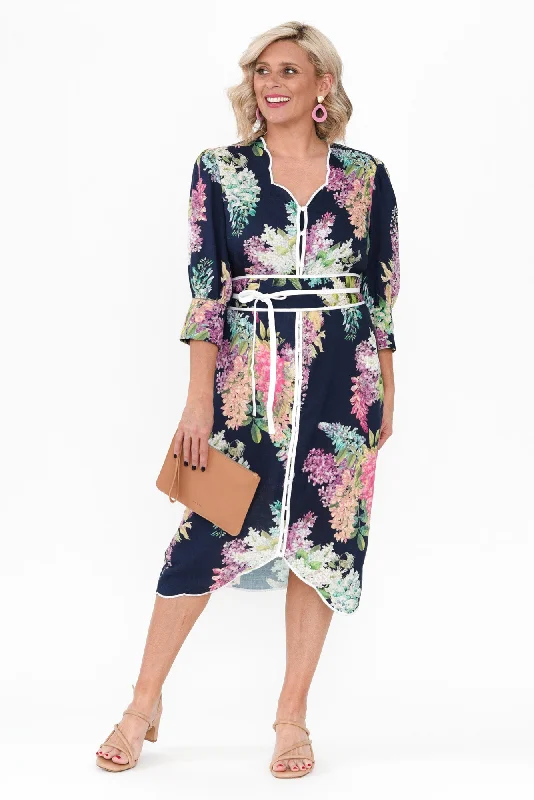 Midi dresses with printed lining for a hidden and stylish detail Augustine Navy Wisteria Linen Blend Dress