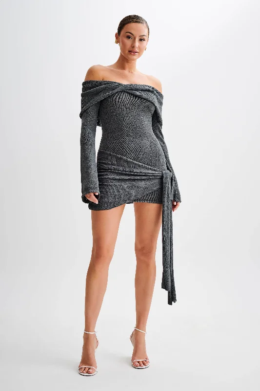 Mini dresses with halter necks for a stylish choice Camryn Off Shoulder Tie Knit Mini Dress - Charcoal