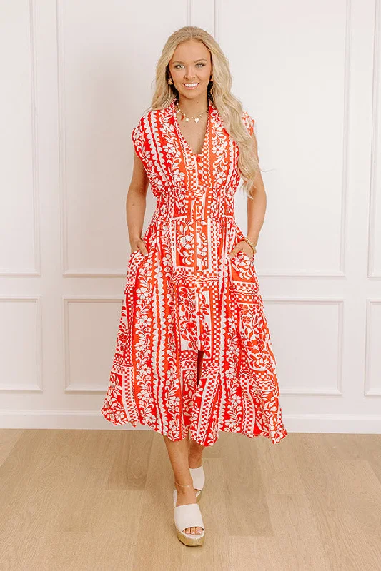 Midi dresses with ruched sleeves for a more fitted and stylish arm look Hawaii Holiday Floral Midi Dress in Red