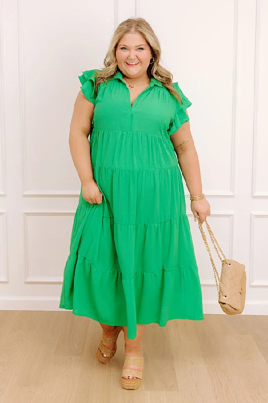 Midi dresses with ruched sleeves for a more fitted and stylish arm look Sunny Spritzer Tiered Midi Dress in Kelly Green Curves