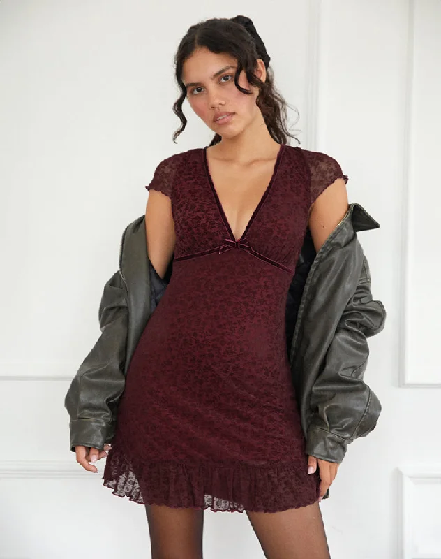 Mini dresses with patchwork designs for a unique style Melva Mini Dress in Ditsy Flock Burnt Maroon