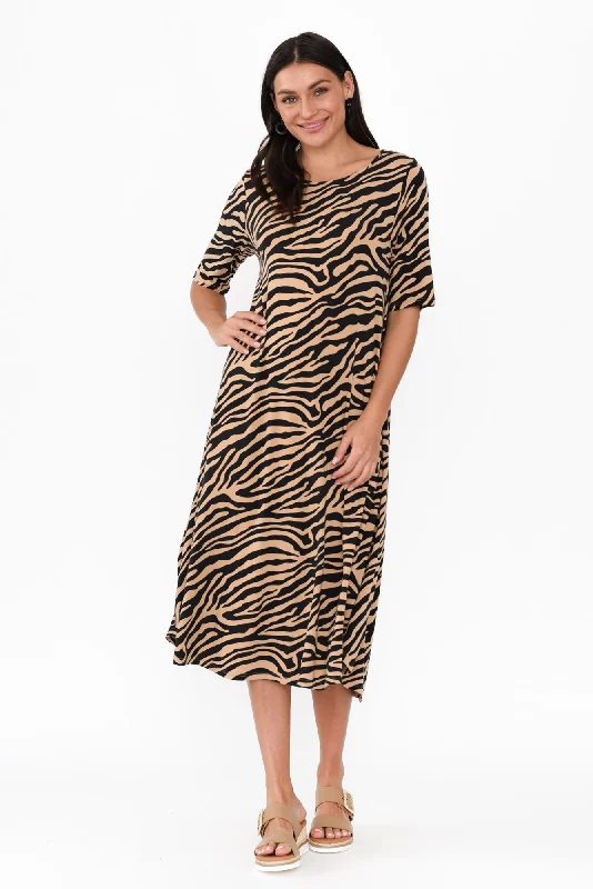 Midi dresses with belted waists to accentuate the figure Tan Zebra Micro Modal Tri Drape Dress