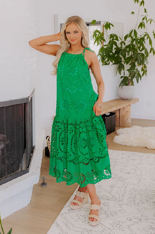 Midi dresses with tassel accents for a bohemian and free - spirited style Happy Energy Eyelet Midi Dress in Kelly Green