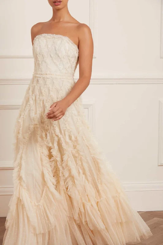 Midi dresses with sheer panels for a touch of allure Rosella Ruffle Strapless Gown
