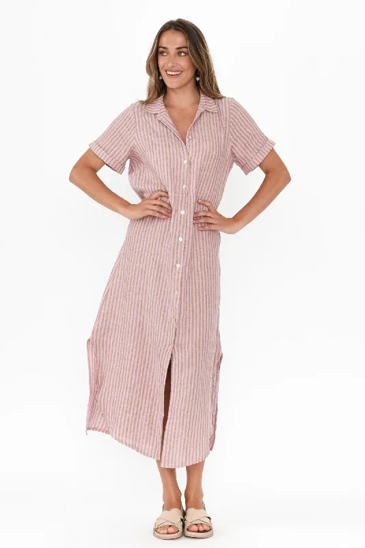 Midi dresses with tiered skirts for a bohemian festival look Aries Beige Stripe Linen Shirt Dress