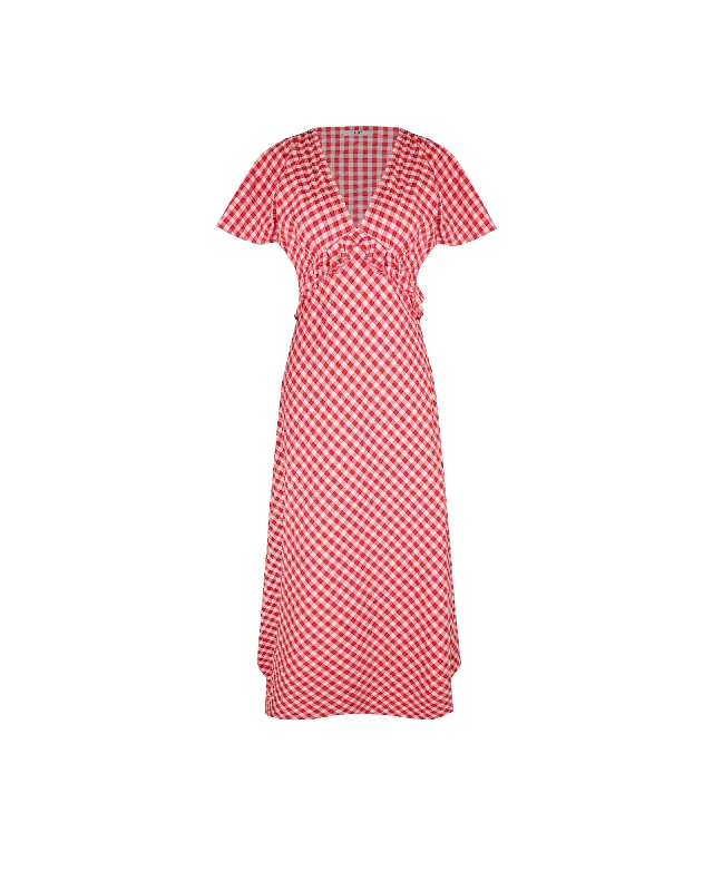 Midi dresses with wrap - around skirts for a customizable fit PETAL RUFFLE MIDI DRESS RED LILAC TARTAN Midi dresses with wrap - around skirts for a customizable fit PETAL RUFFLE MIDI DRESS RED LILAC TARTAN