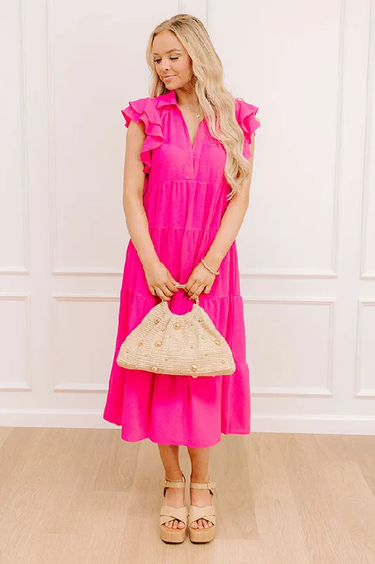 Midi dresses with tassel accents for a bohemian and free - spirited style Sunny Spritzer Tiered Midi Dress in Hot Pink