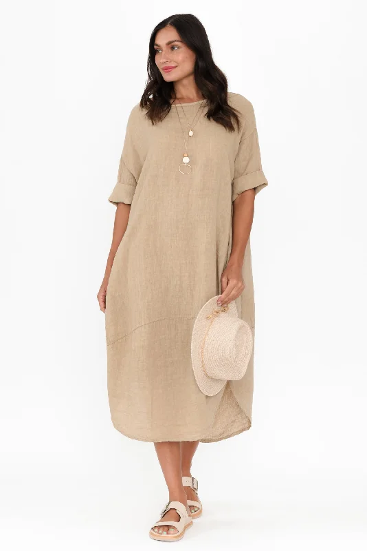 Wrap - style midi dresses in silk for a sophisticated office look Brady Beige Linen Pocket Dress