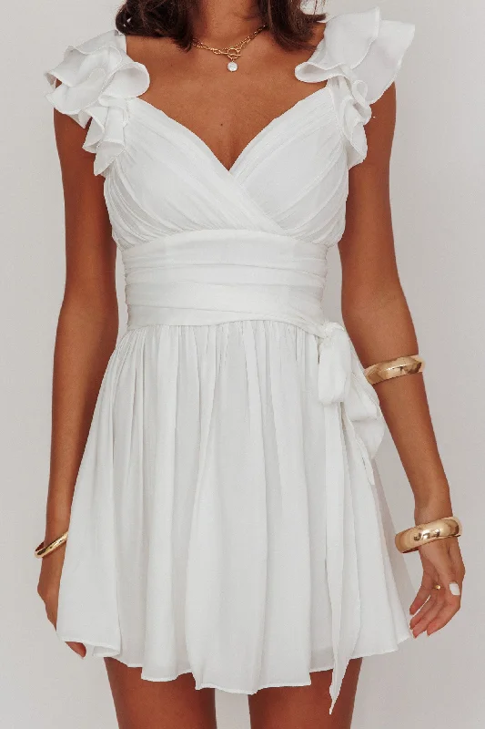 Mini dresses with V - necklines for a flattering shape Lola Ruffle Shoulder Ruched Dress White Mini dresses with V - necklines for a flattering shape Lola Ruffle Shoulder Ruched Dress White