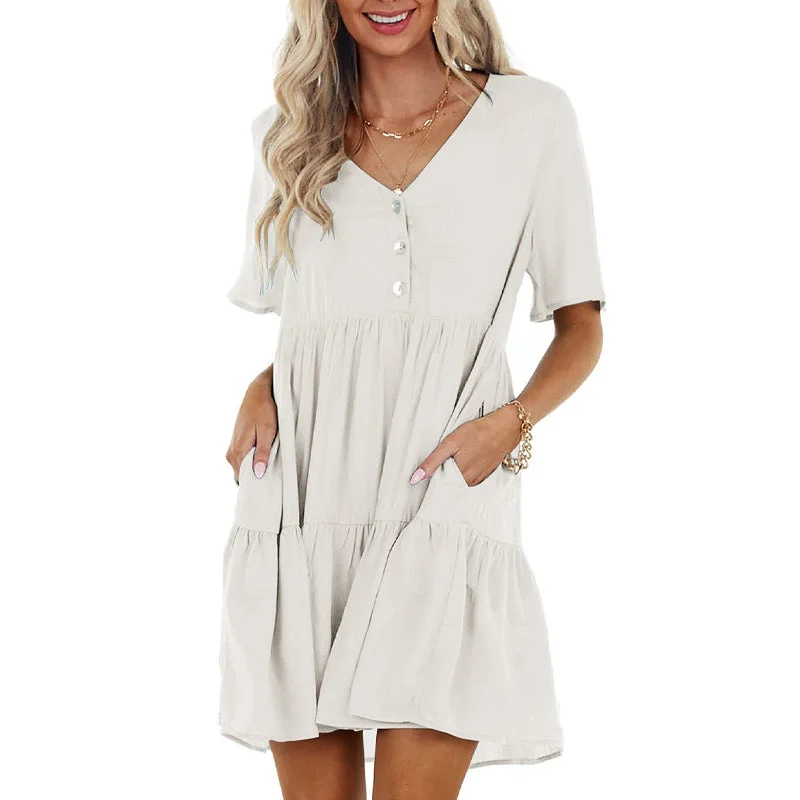 Mini dresses with polka dot patterns Giddy Pocketed Babydoll Dress - Ecru