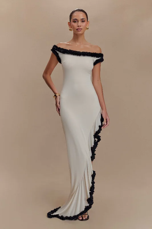 Midi dresses with patchwork patterns for a one - of - a - kind style Arielle Off Shoulder Ruffle Midi Dress - Ivory/Black