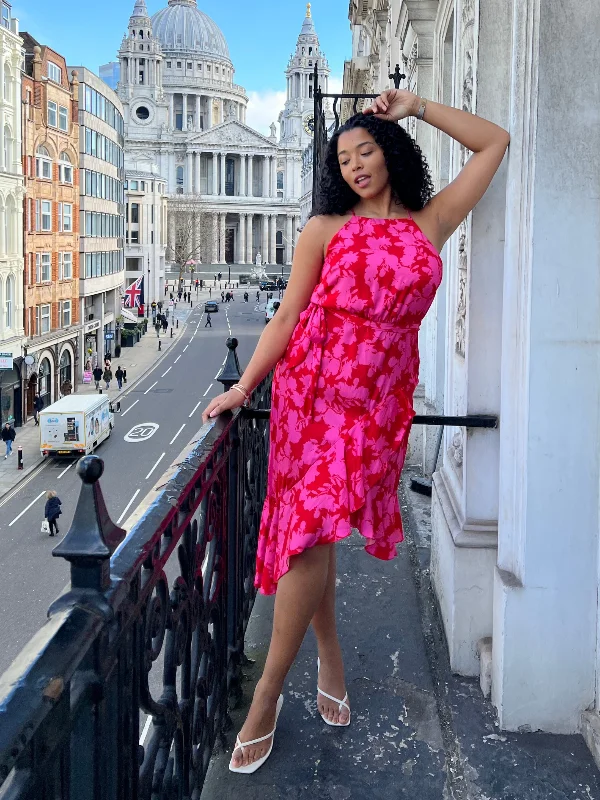 Midi dresses with animal prints for a bold and confident appearance Ariana Halter Frill Dress / Pink Floral Print Midi dresses with animal prints for a bold and confident appearance Ariana Halter Frill Dress / Pink Floral Print