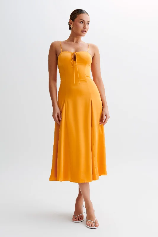 Midi dresses with asymmetric hems for a fashion - forward and dynamic appearance Luciana Satin Midi Dress - Tangerine