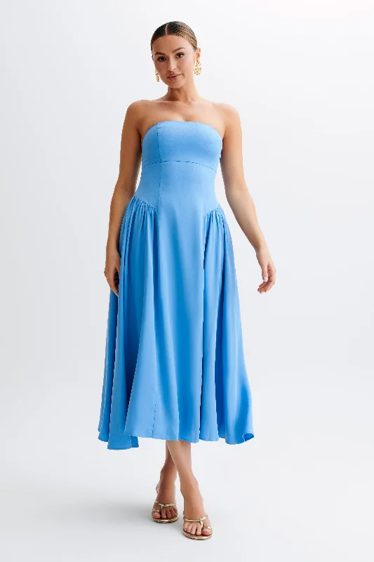 Velvet midi dresses in jewel tones for a glamorous winter event Carmele Cotton Gathered Midi Dress - Iris Blue