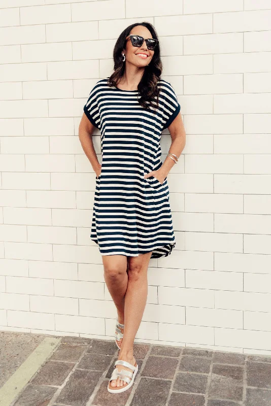 Midi dresses with ruffled hems for a romantic date night Maxine Indigo Stripe Cotton T-Shirt Dress Midi dresses with ruffled hems for a romantic date night Maxine Indigo Stripe Cotton T-Shirt Dress