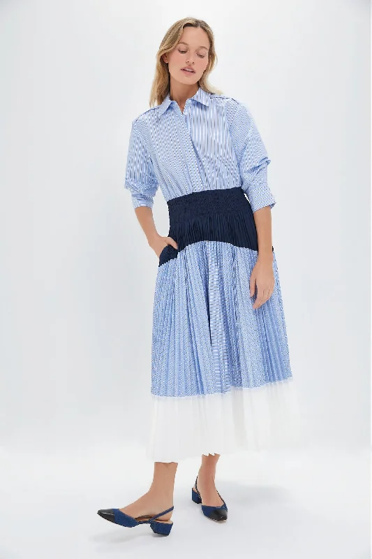Midi dresses with ruffled hems for a romantic date night Harbor Blue Stripe Jenella Pleated Combo Dress