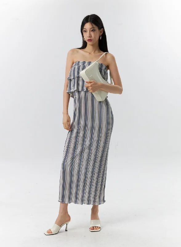 Midi dresses with asymmetric hems for a fashion - forward and dynamic appearance Frill Stripe Maxi Dress IL326