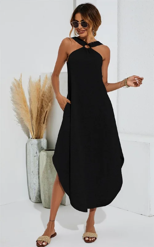 Midi dresses with printed lining for a hidden and stylish detail Leg Slip Neckholder Curved Saum Midikleid in Schwarz Midi dresses with printed lining for a hidden and stylish detail Leg Slip Neckholder Curved Saum Midikleid in Schwarz