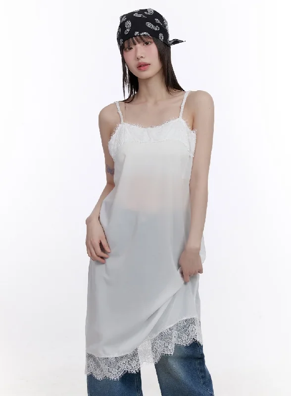 Midi dresses with gathered skirts for a full and flowing silhouette Sheer Lace-Trim Camisole Dress CF512 Midi dresses with gathered skirts for a full and flowing silhouette Sheer Lace-Trim Camisole Dress CF512