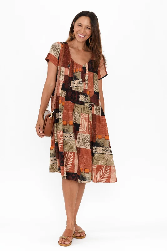 Midi dresses with fringe details for a fun and energetic style Hanoi Brown Patchwork Cotton Blend Dress Midi dresses with fringe details for a fun and energetic style Hanoi Brown Patchwork Cotton Blend Dress