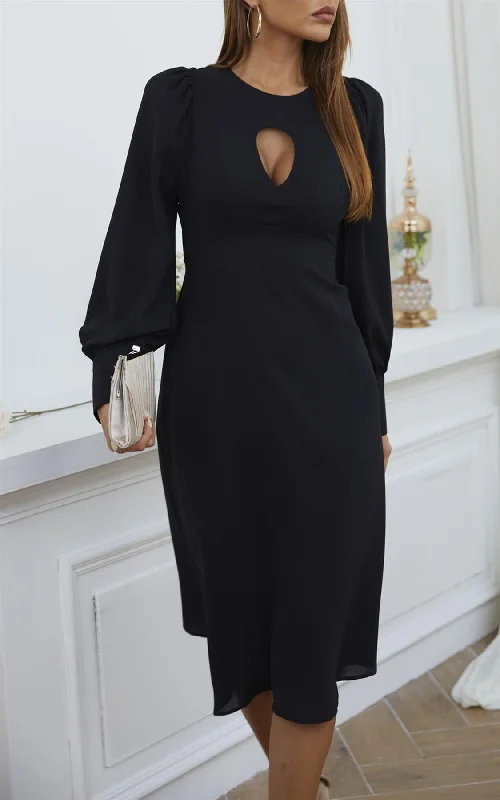 Midi dresses with wrap - around skirts for a customizable fit Midikleid mit Schlüssellochausschnitt in Schwarz Midi dresses with wrap - around skirts for a customizable fit Midikleid mit Schlüssellochausschnitt in Schwarz